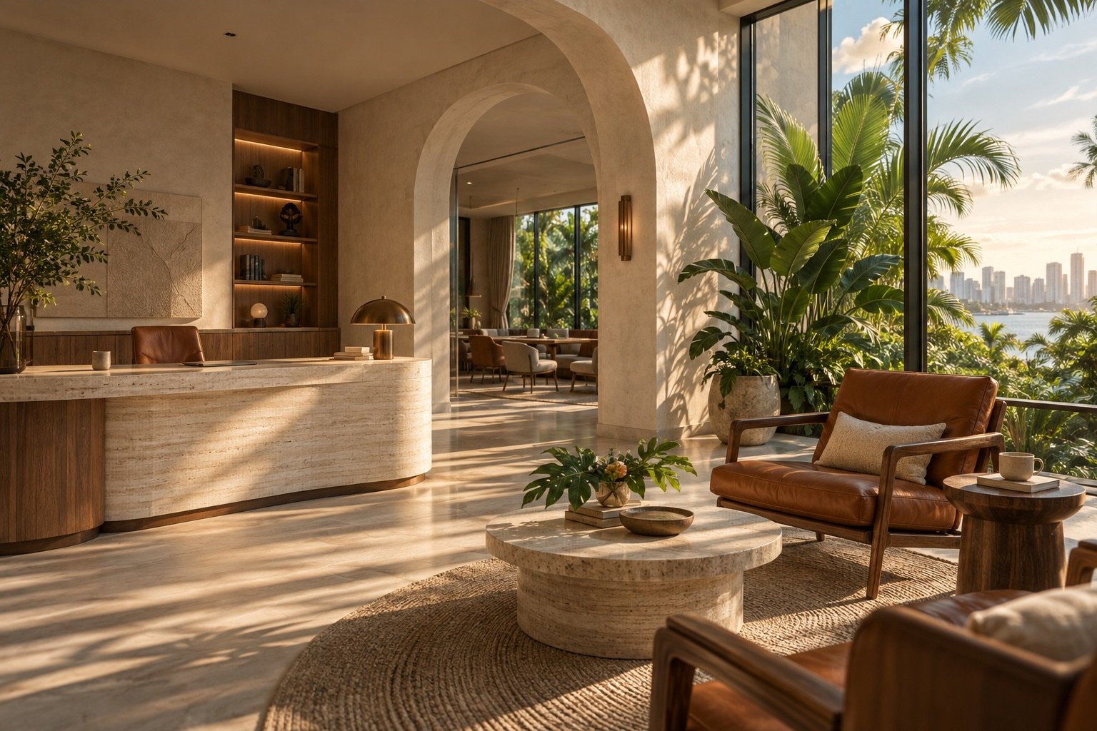 Conceptual work lounge with warm travertine, walnut and tropical greenery.