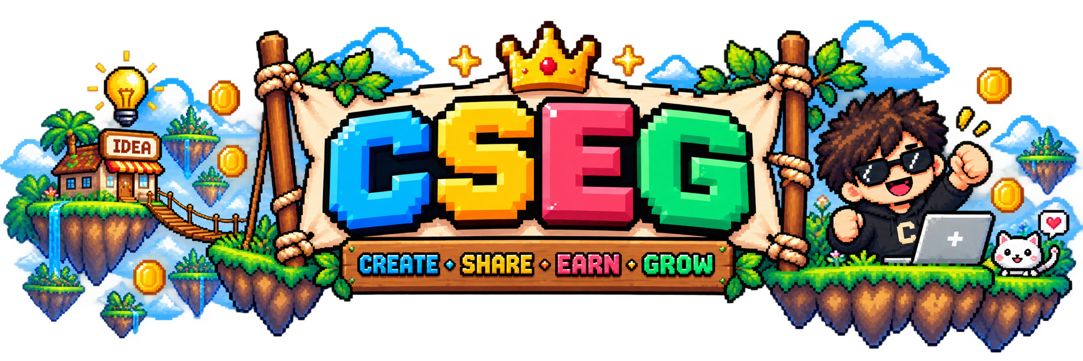 CSEG Create Share Earn Grow pixel art flag with mascot